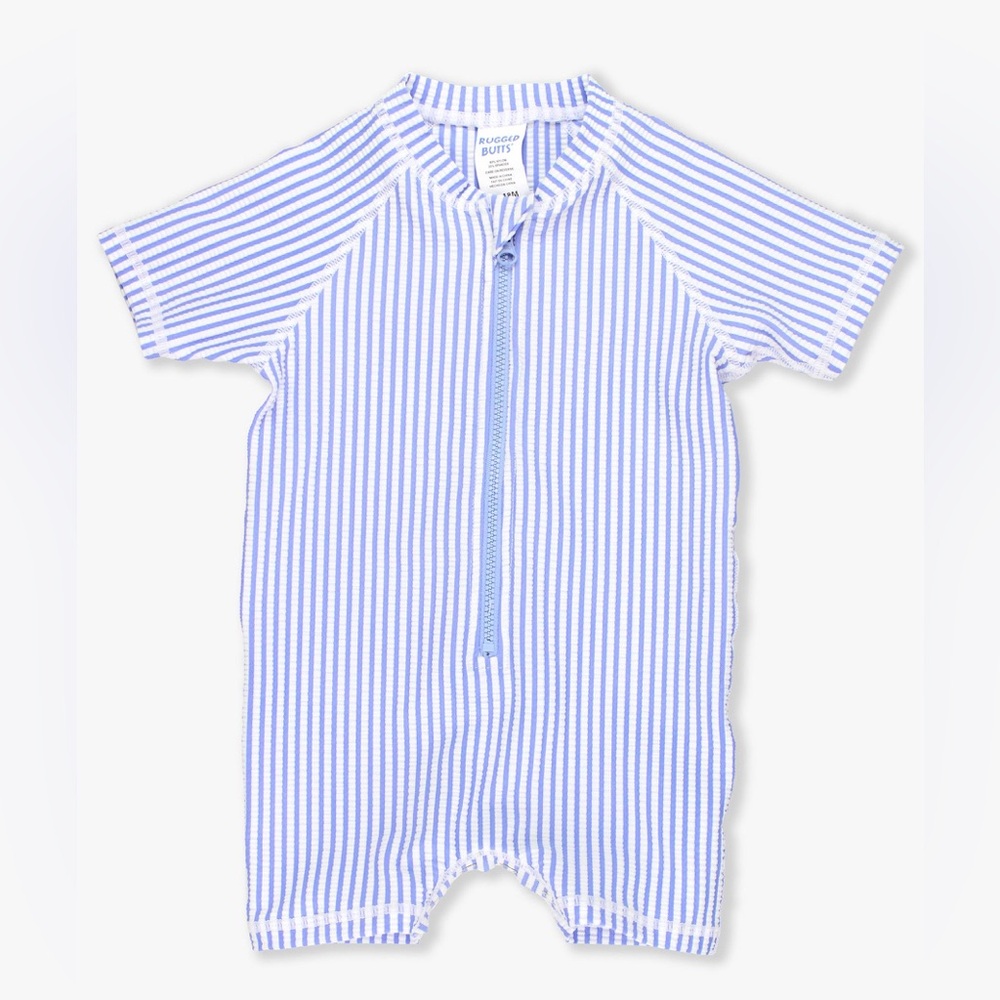 Ruffle Butts Short Sleeve One Piece Rash Guard Blue Seersucker 3-6